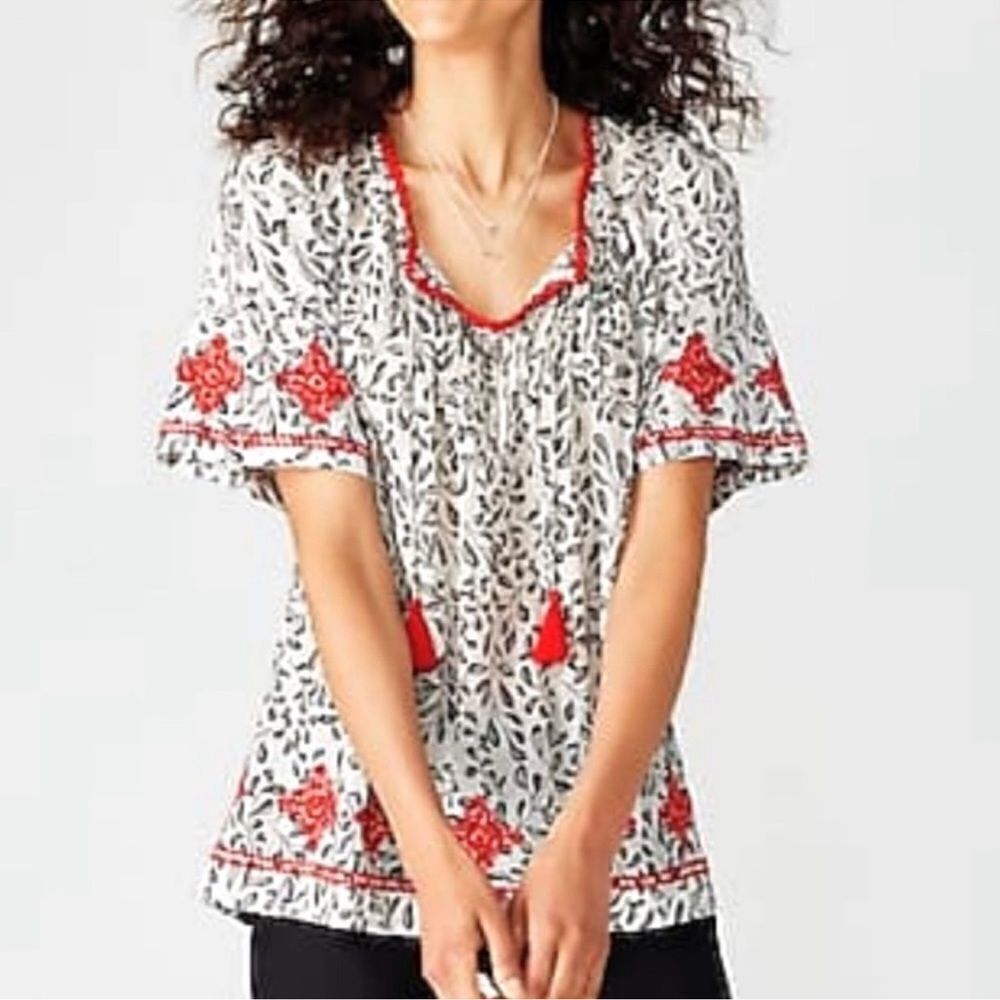 J. Jill XL White Black Red Floral Embroidered Short Sleeve Tasseled Blouse